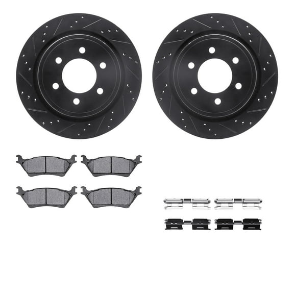Dynamic Friction Company Rear Brake Rotors-Drilled and Slotted-Black with Ultimate Duty Performance Brake Pads includes Hardware 8412-54097