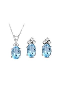 Genuine 2.87 Carat Natural 7x5mm Oval Shaped Swiss Blue Topaz with White Topaz Necklace & Earrings In 925 Sterling Silver