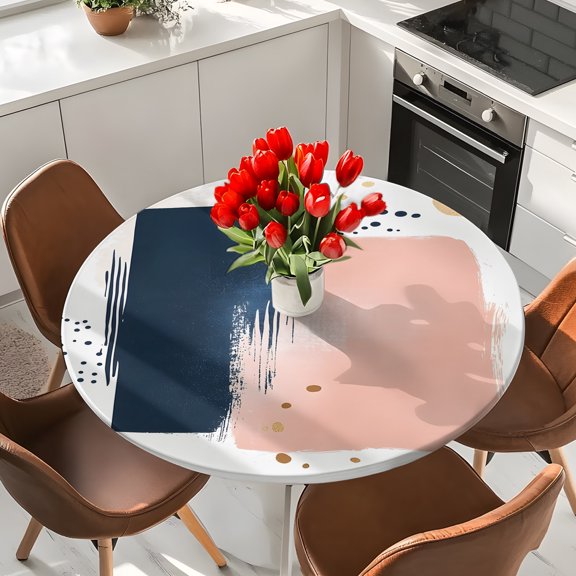 Bohemian Watercolor Color Block Elastic Fitted Round Tablecloth Blue Pink Waterproof Outdoor Table Cover for Holiday Party, Picnic, Patio & Dining Fits Tables Up to 55"-60"