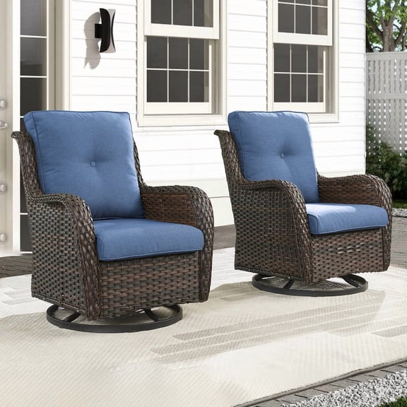 Unnifurnzi Outdoor Swivel Rocker Patio Chairs-Wicker Patio Swivel Chairs Set of 2 PE Rattan Patio Furniture for Porch Deck Balcony Garden-Brown/Blue