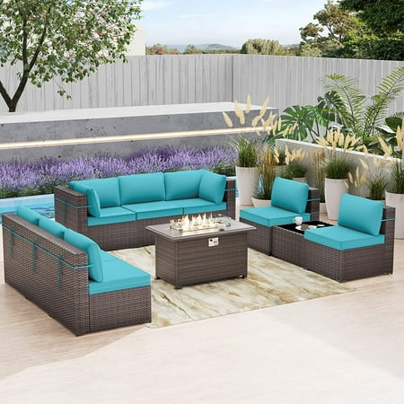 Kullavik 10 Pieces Patio Furniture Set With Fire Pit Table Rattan Wicker Sectional Sofa Patio Conversation Set with 43.3 Gas 55000 BTU Propane Fire Pit Blue