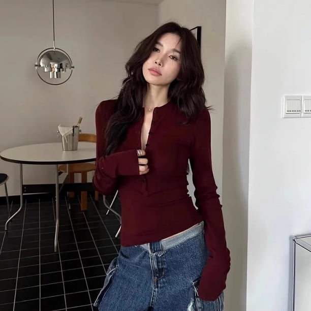 Suéter de punto con botones de color rojo vino para mujer, jersey ajustado de manga larga para otoño e invierno, ropa de calle para mujer 2024, prendas de punto básicas sólidas