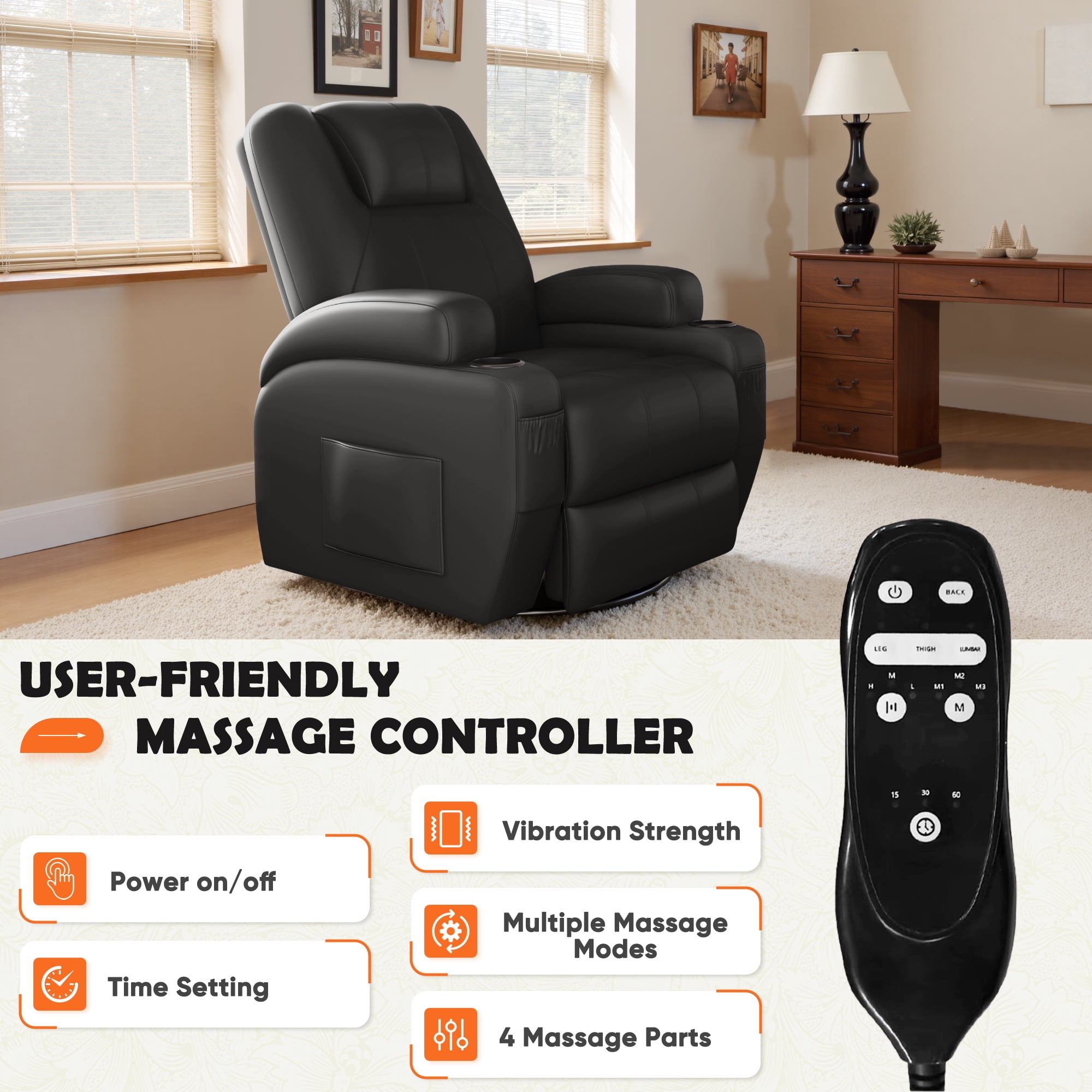 Furmax 360° Swivel Rocking Chair Power Massage Recliner With nursing Needs Oversized Furniture For Living Room,,PU Black