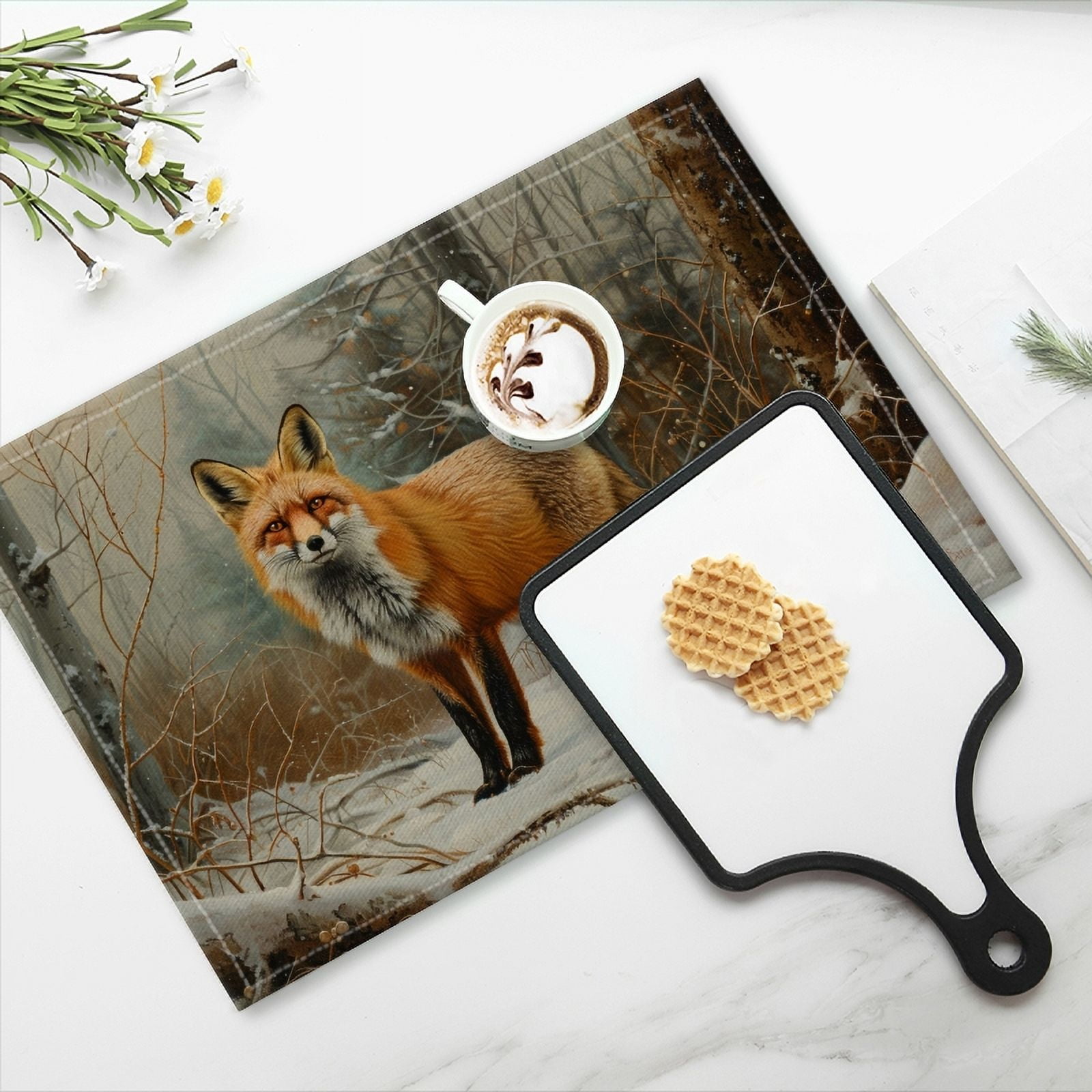 BaHomeck placemats Set of 4 Red Fox Standing In The Snow Surrounded By Dense Forest Foliage Cotton Linen rectangle Placemats for Kitchen Dining Table Indoor,Outdoor,18*12inch
