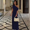 thumbnail image 2 of Navy Blue Women One Shoulder Ruched Maxi Dress Asymmetrical Draped Neck Slim Fit Evening Party Gown, 2 of 5