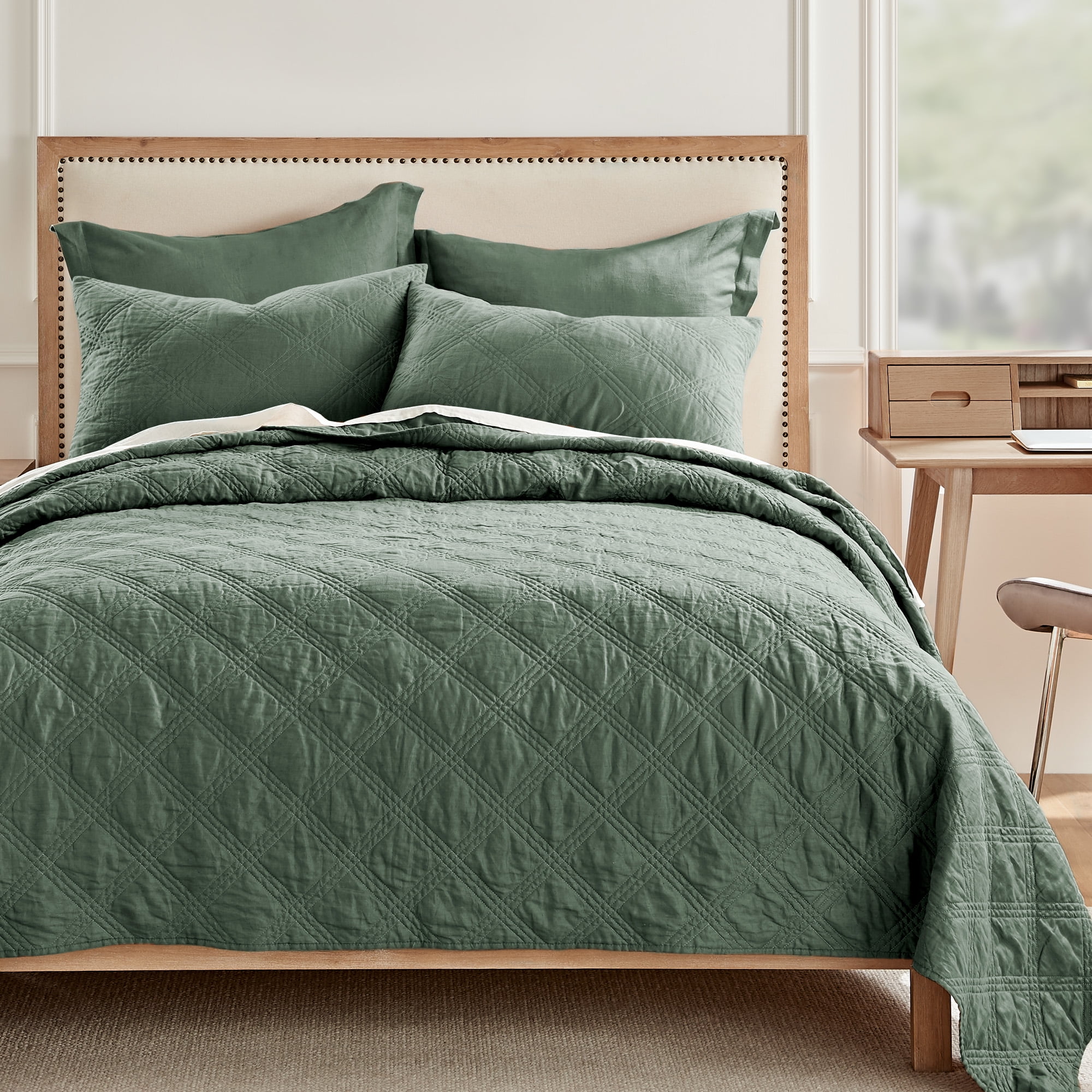 Levtex Home - 100% French Flax Linen Front/100% Cotton Back - King Quilted Sham - French Flax Washed Linen - Green Forest - Sham Size (36 x 20in.)