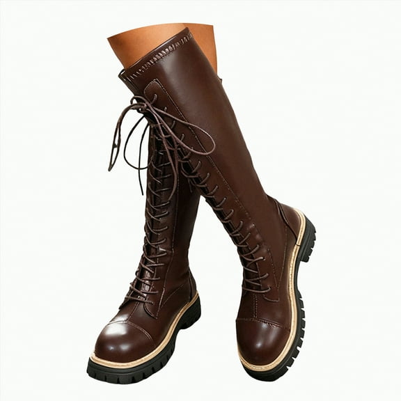 UngA Womens Combat Boots Lace-up Mid-calf Boots Military Winter Boots for Women Brown,Size 8