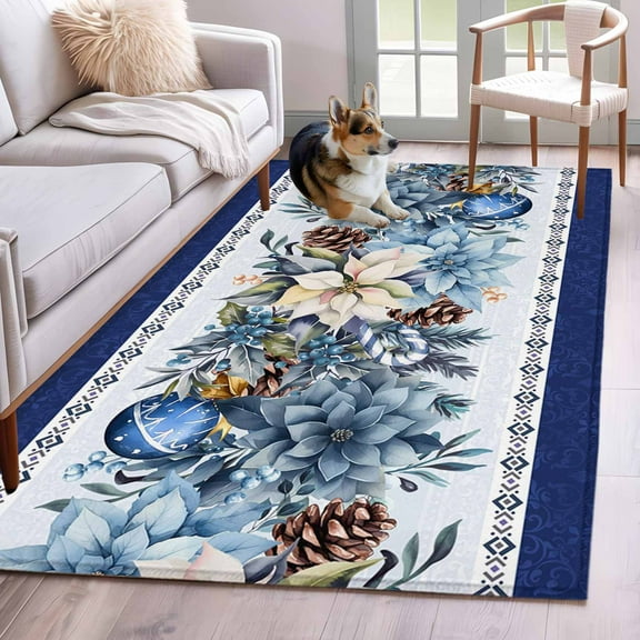 Navy Blue Christmas Area Rug 4x6 Washable Rug Non Slip Poinsettia Xmas Ball Berry Winter Large Area Rug Indoor Floor Carpet for Entryway Bedroom Kitchen Living Room Home Office Dining Room Nursery