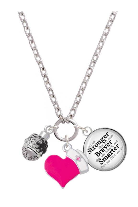 Silvertone Black Spider on Web Spinner - Hot Pink Heart Nurse Strong Zoe Necklace