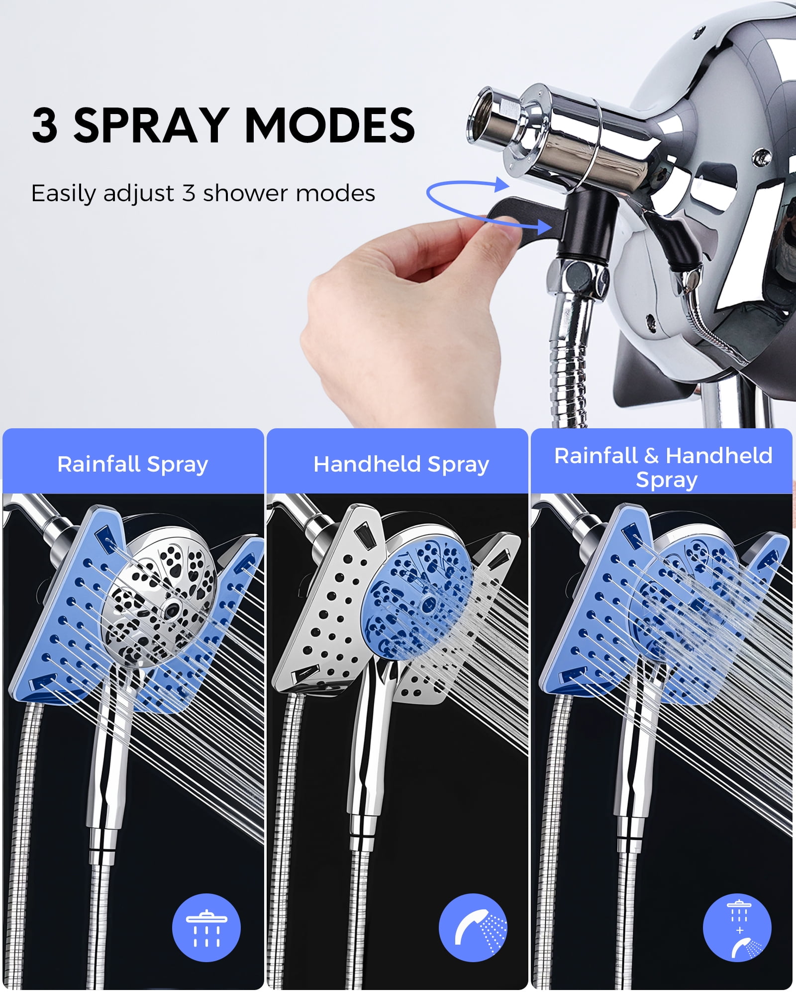 Hodvit 2 in 1 Shower Head Combo, High Pressure Rain Shower Head and Handheld Shower Head with 10 Spray Modes, 60" Stainless Steel Hose