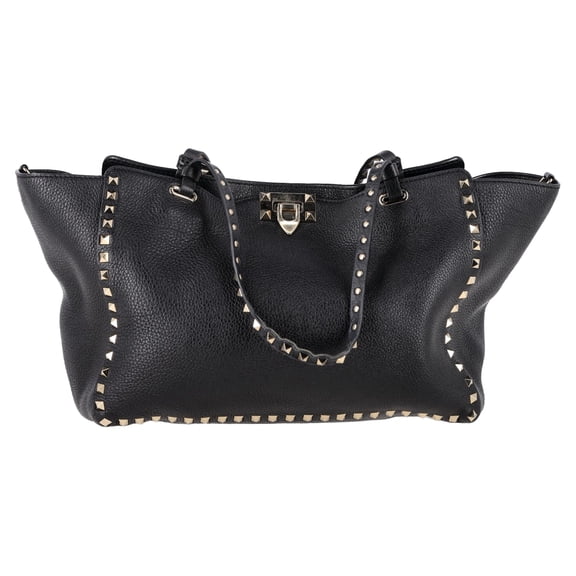 Pre-Owned Valentino Medium Rockstud Tote in Black Calfskin Leather
