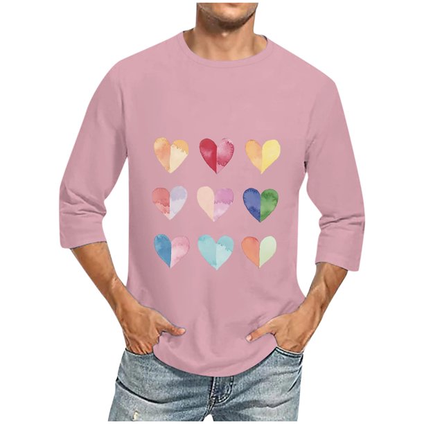 Camisas de Manga Larga para los Hombres Día de San Valentín Impresión Cuello Redondo Moda Casual, Mezcla de Poliéster de Lino de Algodón para Primavera Verano