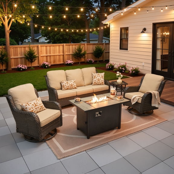 Vcatnet 5 Pieces Outdoor Patio Furniture with Fire Pit Wicker Sectional Sofa High-Back Conversation Set with Swivel Chairs, Beige