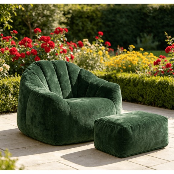 Oversized Bean Bag Chair with Ottoman 41" Wide Plush Faux Fur Lazy Sofa with Footstool Ergonomic Lounge Chair for Living Room Bedroom Dark Green