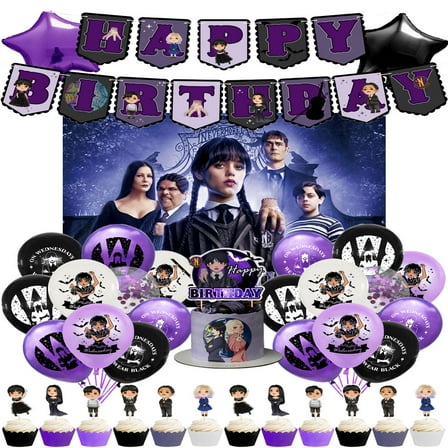 Wednesday birthday party decorations, Wednesday party kit includes birthday banner, Balloons, Backdrop, Cupcake decorators