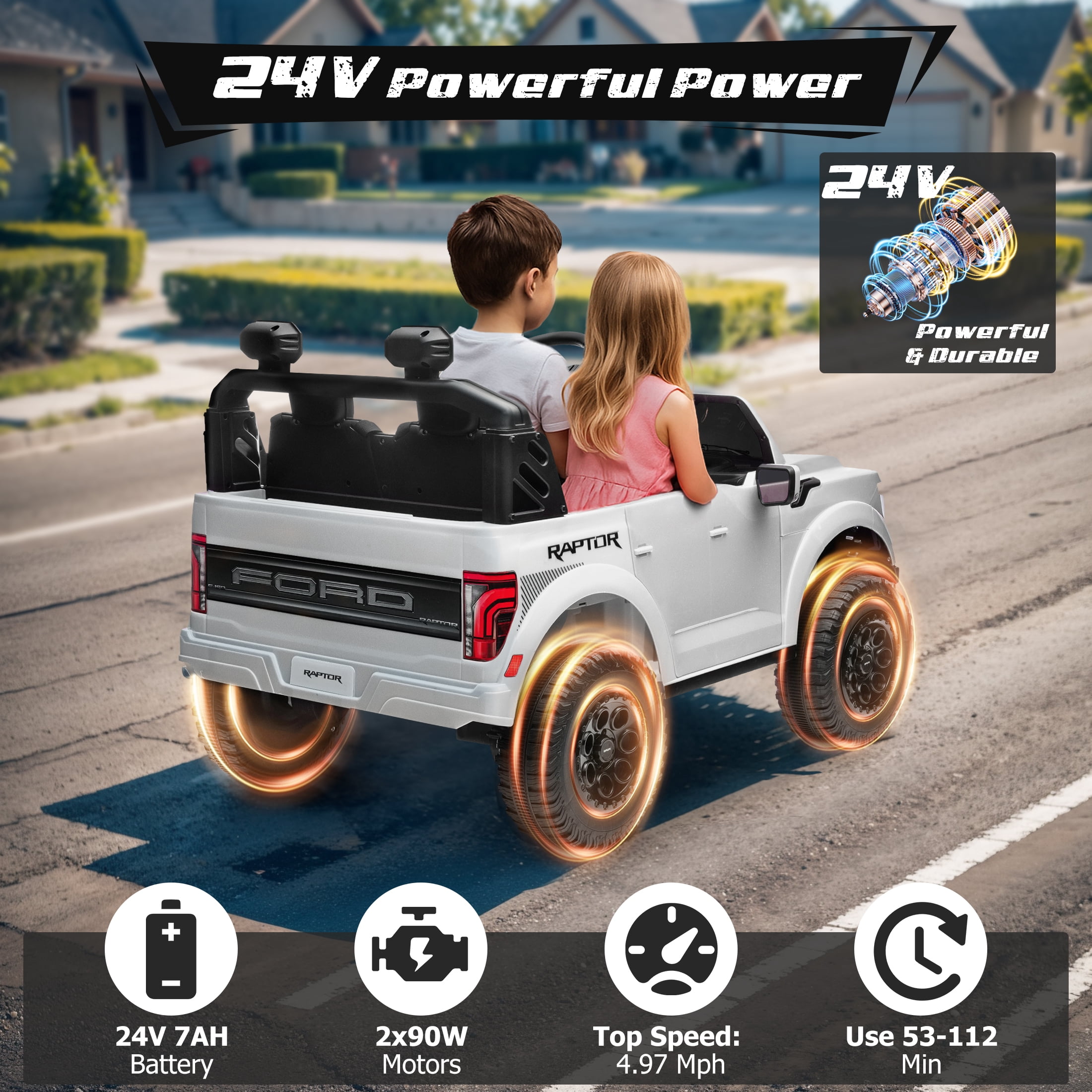 Ford F150 Raptor 2 Seater Ride on Toy Trucks for Kids, 24V Powered 2 Seat Ride on Cars with Remote Control/4 Wheelers/LED/Bluetooth/ Truck Bed Storage/Soft Start, Kids Electric Cars for Boys Girls