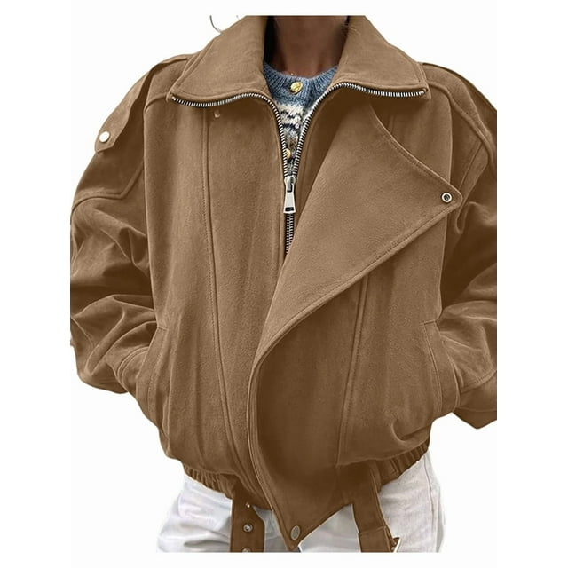 Suede Jacket for Women Fall Winter Cropped Y2k Oversized Faux Leather Blazer Jackets Light Brown L