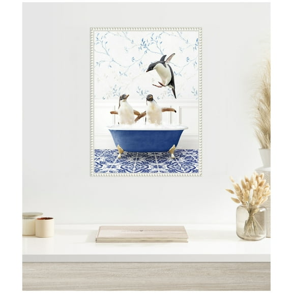Kate and Laurel Penguins in Eclectic Blue Bath Framed Canvas Wall Art by Amy Peterson 18 x 24 Sylvie Beaded White, Whimsical, Animals, Bathroom, Humor Art for Wall Decor, Living Room, Bedroom