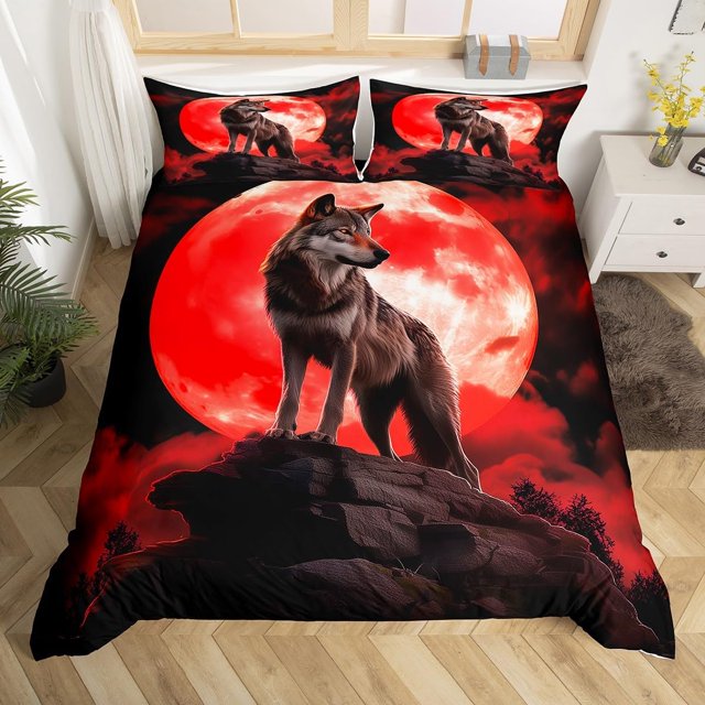 Funda Nórdica Queen Size,Funda Nórdica Luna Roja con 2 Fundas de Almohada para Adolescentes