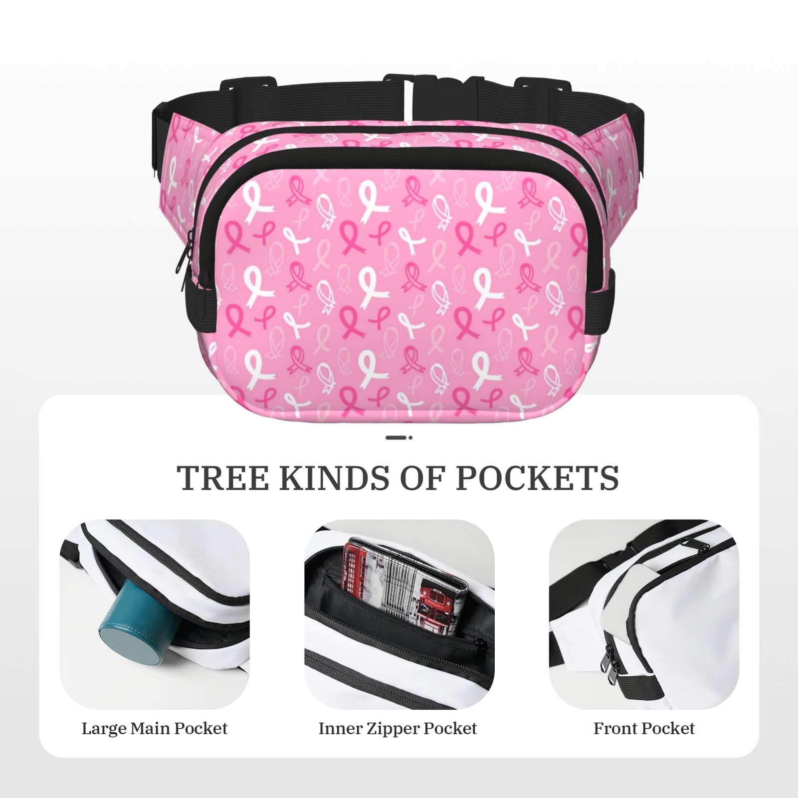 Kuqiui Breast Cancer Awareness (3) Print Fanny Packs for Women Cross Body Waist Bag Fashionable Fanny Pack Designer Workout Hiking Waist Pack Running Travel Gym