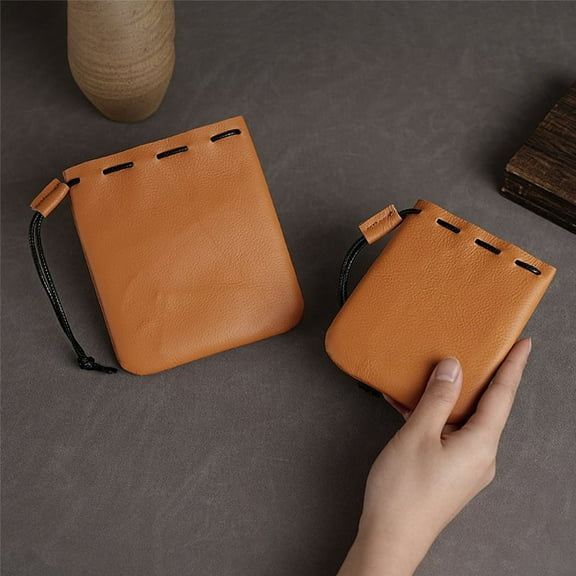 ITSELFER Leather Drawstring Pouch Bag Medicine Pouch Leather Pouch Change Holder For Men Women Brown