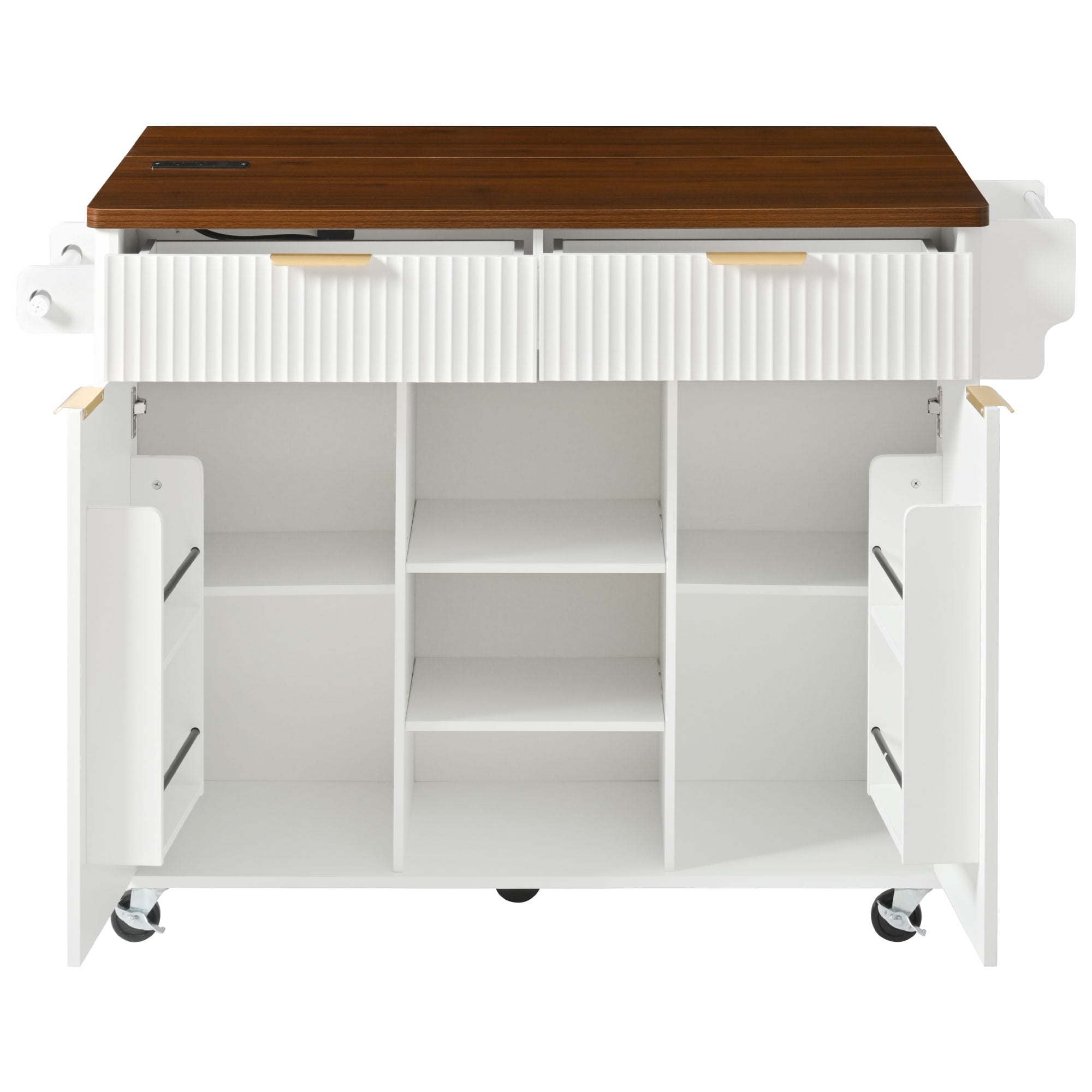 Euroco 52" Fluted Kitchen Island with Drop Leaf, Power Outlet, Kitchen Storage Cart with Adjustable Shelves, 2 Doors and 2 Drawers, Rolling Island Table with Walnut Color Top