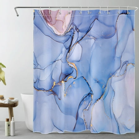 HVEST Blue Marble Shower Curtain Decor,Modern Abstract Gold and Pink Marble Texture Minimalist Shower Curtains for Bathroom 60X72 inch Polyester Fabric Bathroom Decoration Bath Curtains Hooks Included