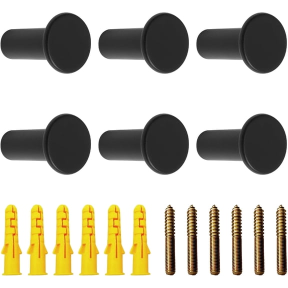 Metal Coat Hooks 6PCS Round Wall Mounted Hooks Heavy Duty Hook Hangers Sturdy Hooks for Entryway, Bathroom, Kitchen (Black)