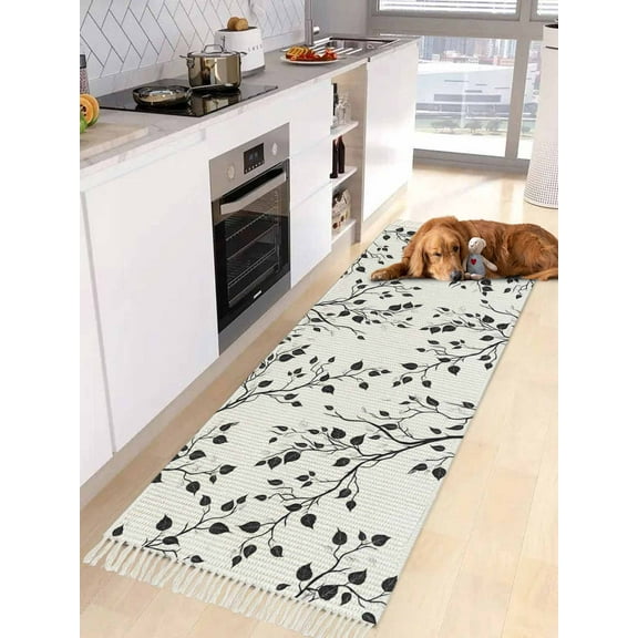 Black White Leaves Entryway Runner Rug 2x4ft,Minimalist Natural Trees Watercolor Washable Woven Living Room Hallway Bedroom Kitchen Carpet with Tassels,Indoor Outdoor Throw Door Mat for Entryway