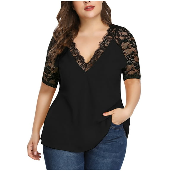 Lindreshi Tank Tops for Women Plus Size Plus Size Womens Casual Half Sleeve Solid Lace V-Neck Splicing T-shirt Net Yarn Tops
