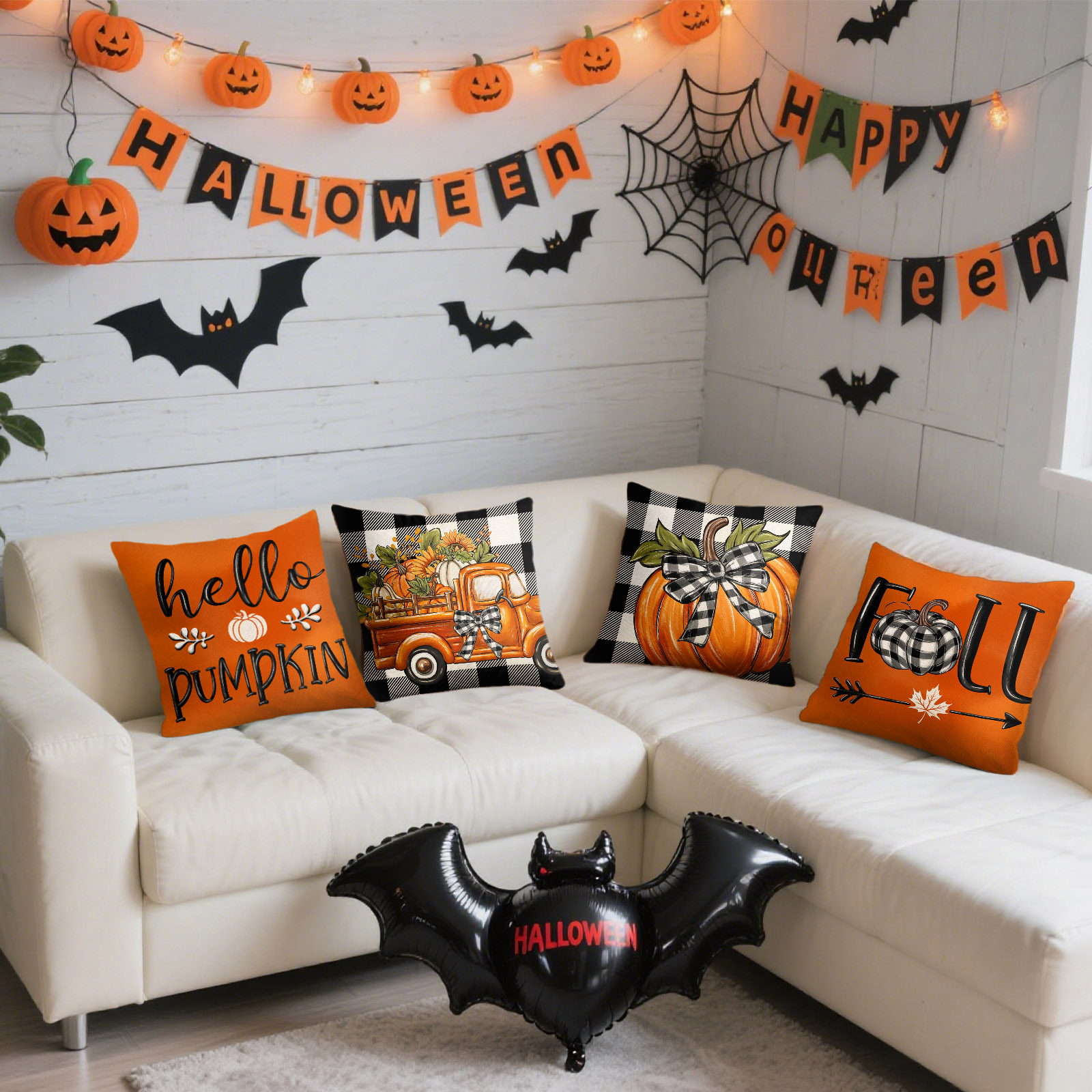 Sanmadrola Halloween Pillow Covers 18" x 18" Set of 4, Invisible Zipper, Pumpkin Pattern Pillowcases for Autumn Thanksgiving Holiday Home Decorations