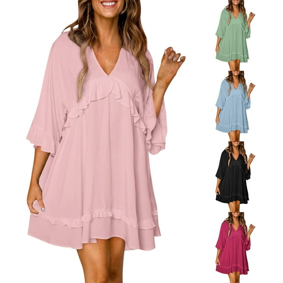 Plus Size Dresses for Women Casual,Womens 2024 Summer Ruffle Short Sleeve Sundress,Womens Ruffle Sleeve Dresses V Neck Tunic Dress Casual Loose Flowy Swing Shift Dress Mini Dress