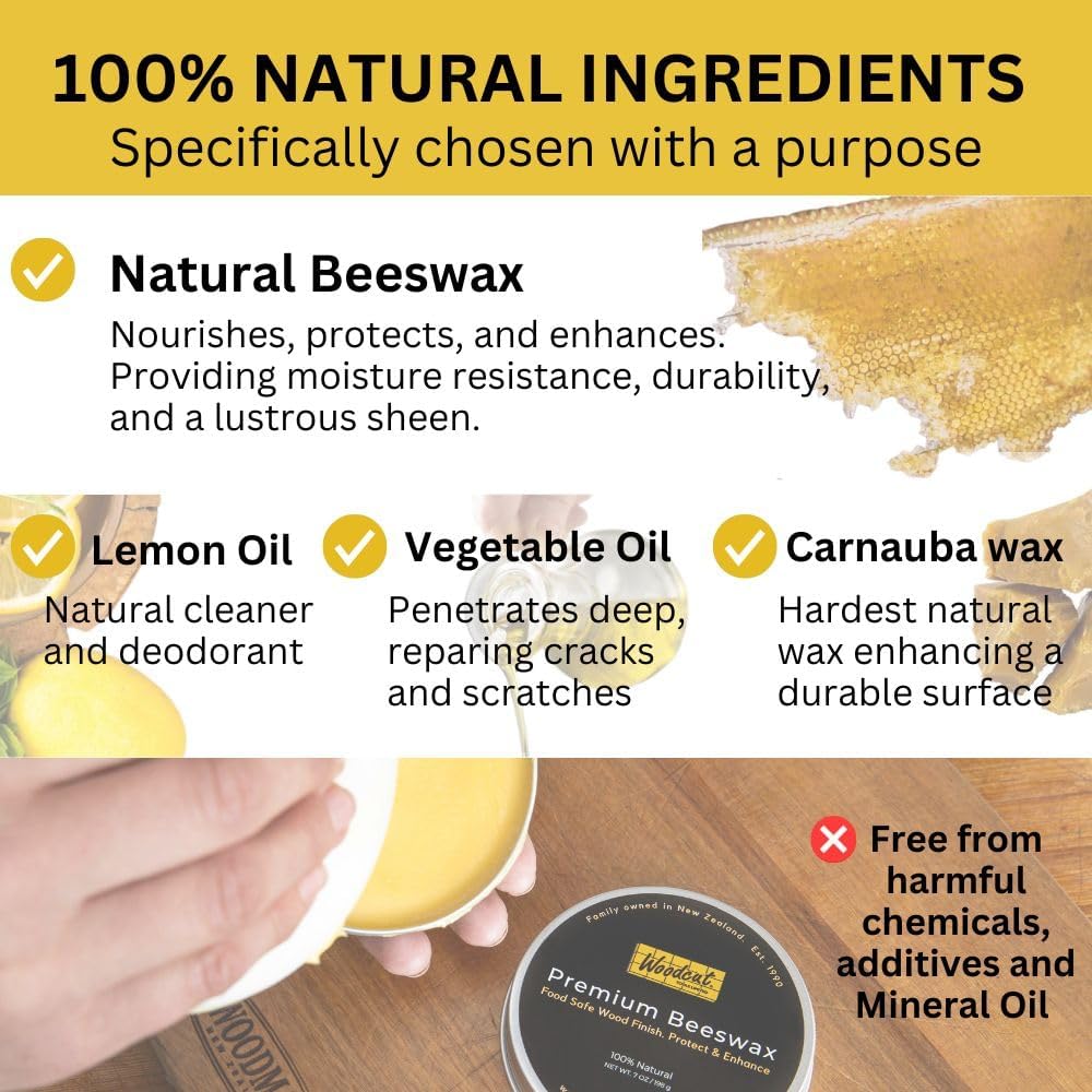 Beeswax Woodcut Premium 14oz total, Wood Cream Food Safe for Cutting Boards, Woodturning, Furniture, Benchtops and Baby Toys. Leather 2x Aluminium Containers with two Sponges