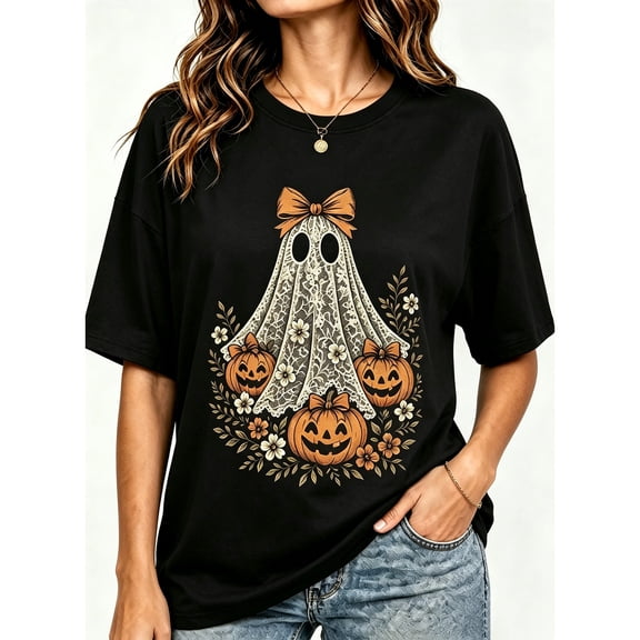 Women's Black Halloween Lace Bow Ghost Pumpkin Floral Print Relaxed Fit Crew Neck Short Sleeve T-Shirt