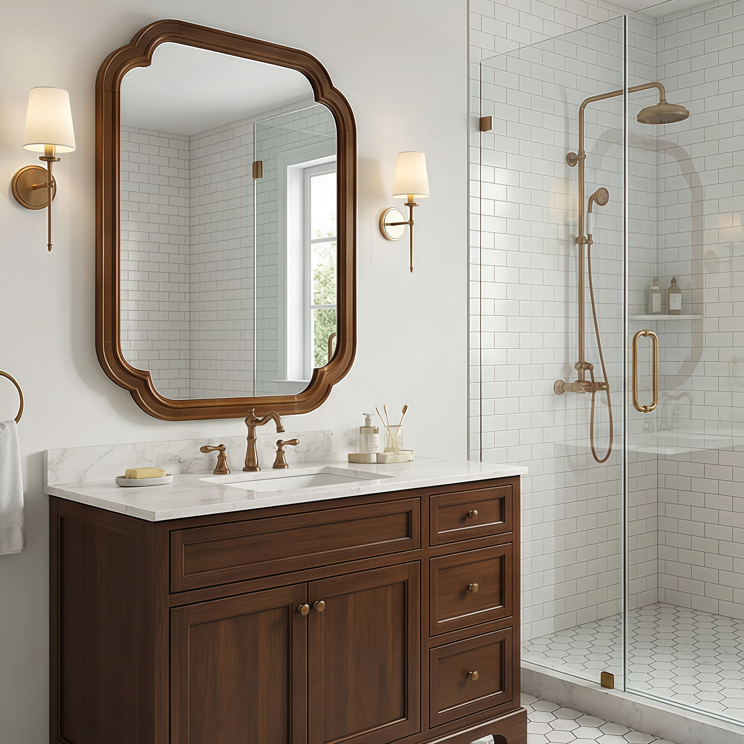 20x30-Inch Rounded Corner Solid Wood Frame Mirror, Decorative Wall Mirror and Vanity Mirror for Bedroom Bathroom Living Room Entryway, Black Walnut