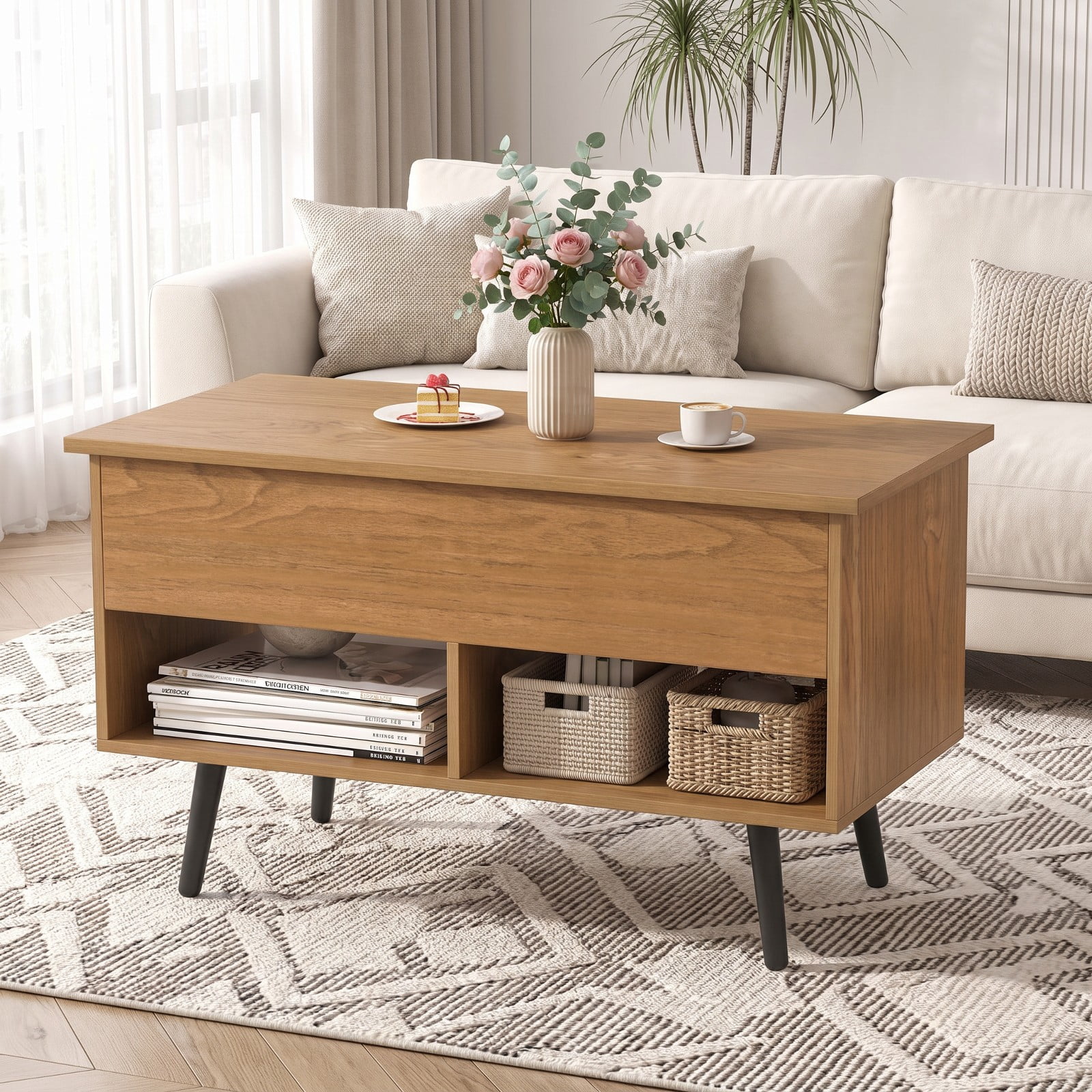 Furnibear 31.5 Inch Lift Top Coffee Table with Hidden Storage Compartment and 2 Open Shelves a Modern Living Room Center Table, Natural