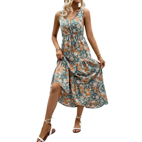Women'S Summer Maxi Dress Floral Tie Front Casual Boho Beach Flowy Sundress Haze Blue S