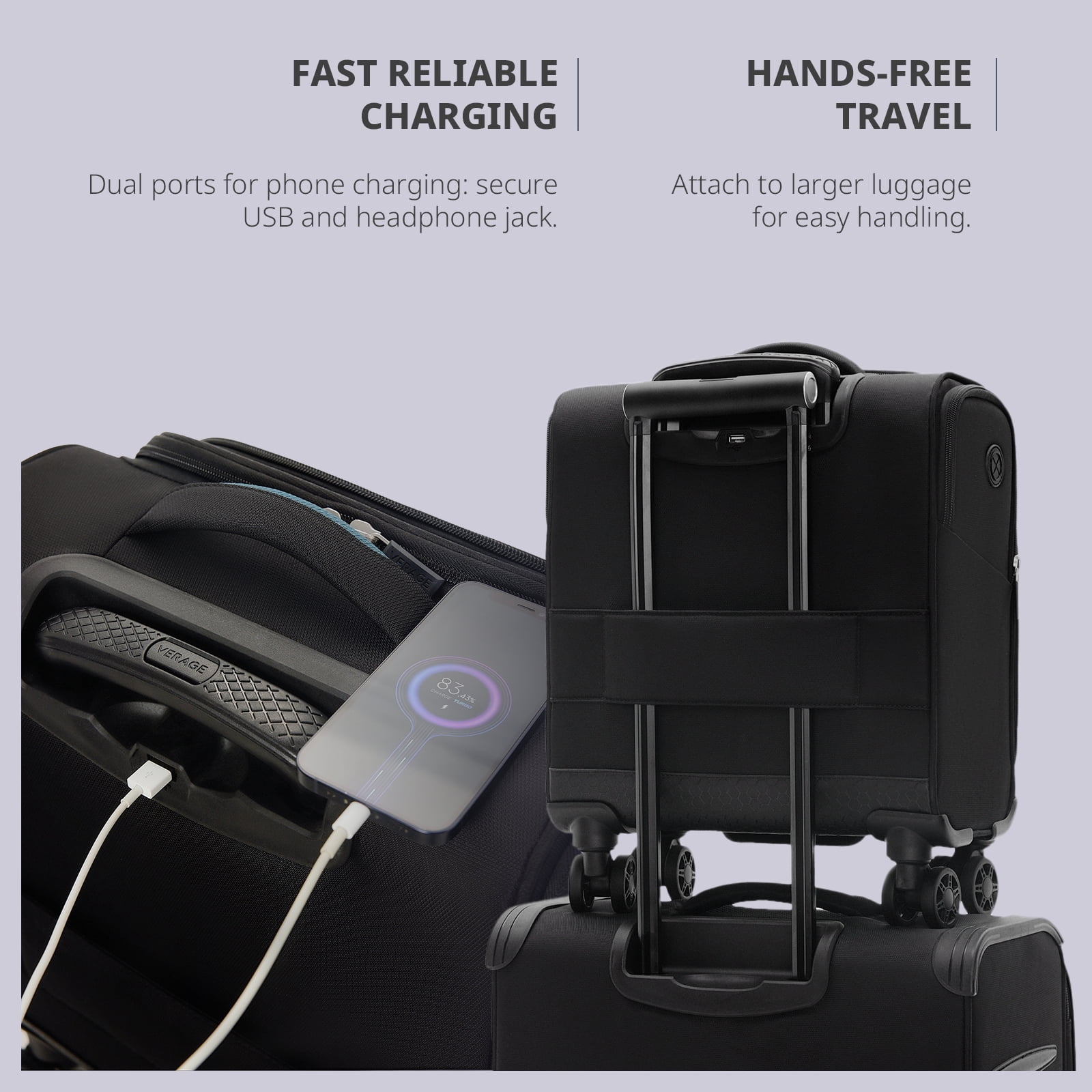 VERAGE Underseat Carry on Luggage with spinner Wheels & USB Port,Bag for Airlines, Lightweight Suitcase for Men Women, Pilots and Crew, Black (14-Inch)