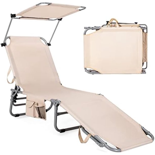 Tanning Chair, Beach Lounge Chair With Canopy Sunshade, Carry Handle