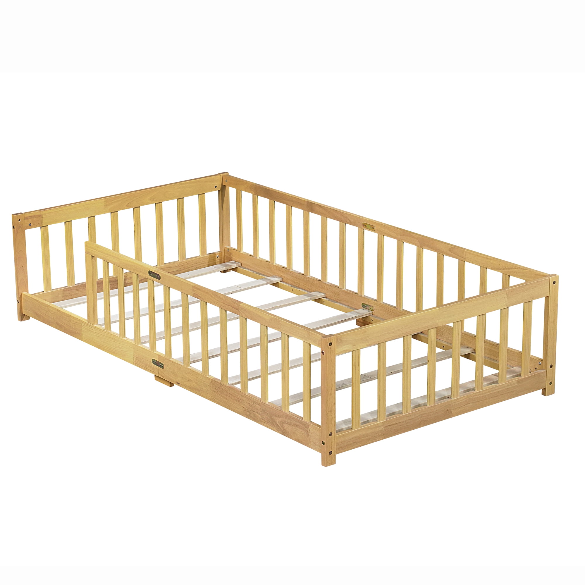 Miniyam Wooden Twin Size Floor Bed with Safety Fence for Kids, Natural