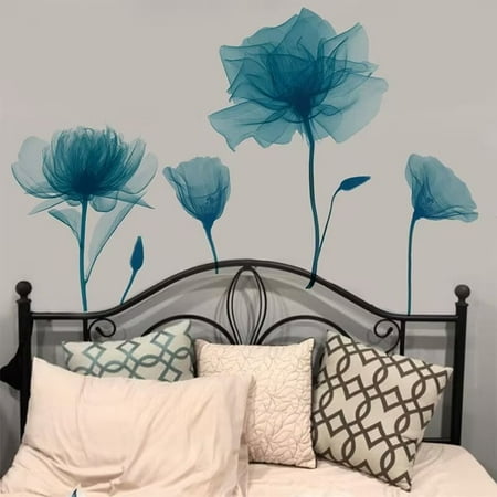 Blue flower decals, transparent flower stickers Garden Flower Green Fresh Leaves Wall Stickers, Removable DIY Plants Art Decor Murals for Bedroom, Nursery, TV Wall
