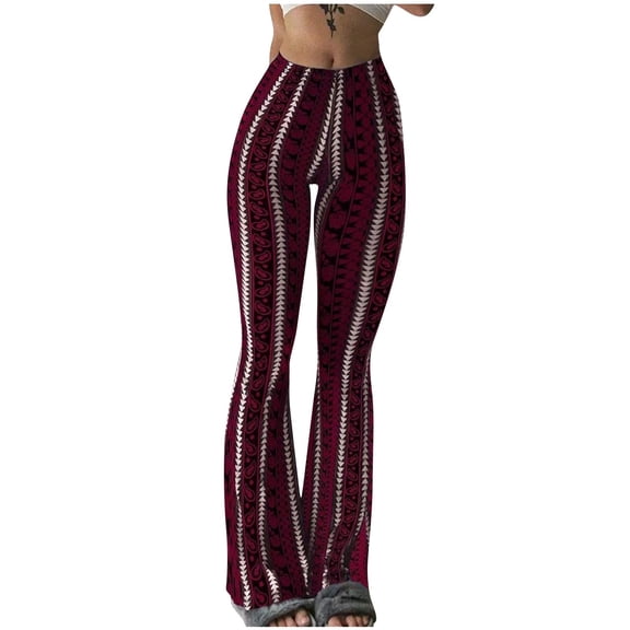 QQAMB Womens Yoga Pants High Elastic Waisted Flare Legging Printed Tummy Control Pants Seamless Workout Trousers Red M