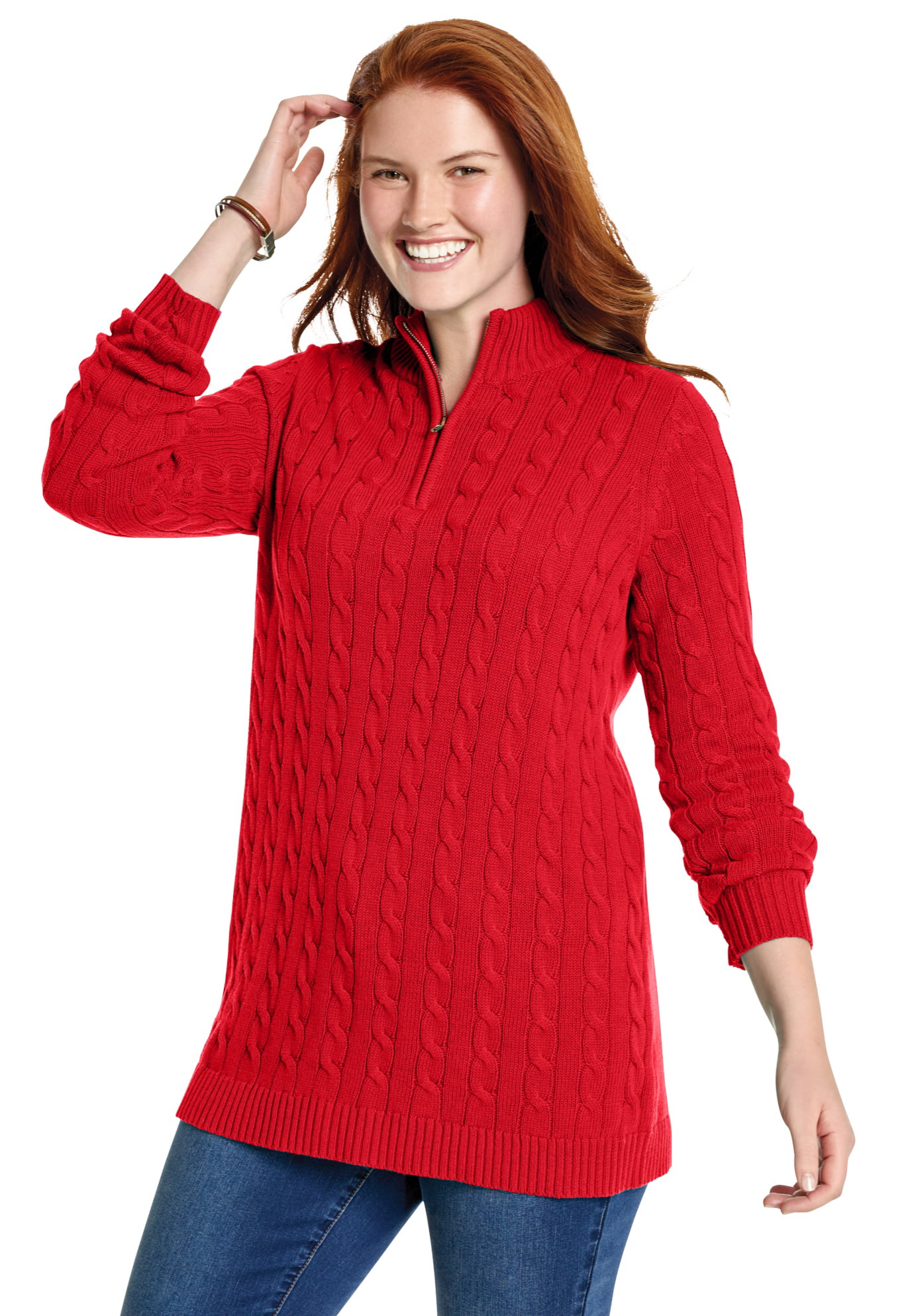 Woman Within - Woman Within Women's Plus Size Cable Knit Half-Zip ...