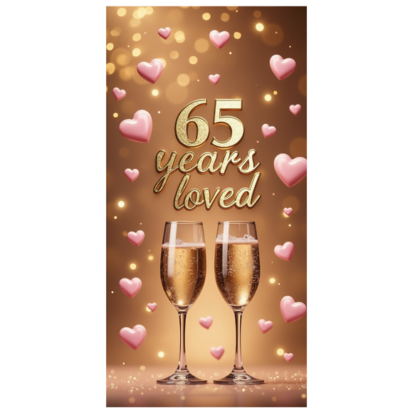 65th Anniversary Celebration Backdrop Party Decoration Champagne Glasses Heart Background Banner for Romantic Event Ideal Photo Booth Decors