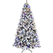 Bringstar 7.5FT Prelit Artificial Flocked Christmas Tree with 400 Multi-Color LED Lights, Full Hinged Pine Xmas Tree with 1523 PE & PVC Mixed Branch Tips, Metal Stand and Hinged Branches, 10 Colors