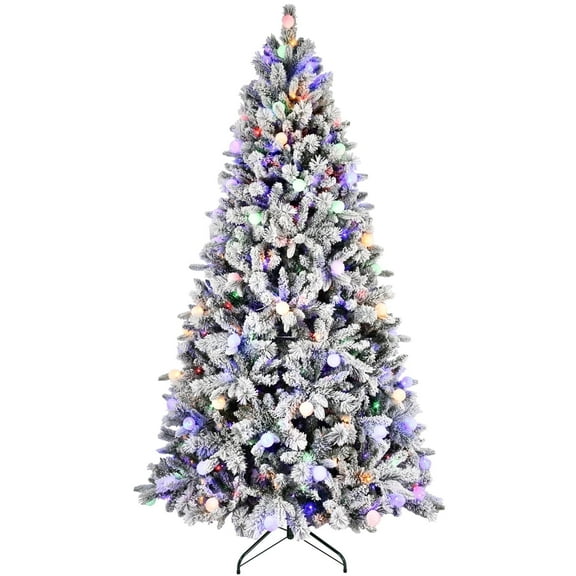 Bringstar 7.5FT Prelit Artificial Flocked Christmas Tree with 400 Multi-Color LED Lights, Full Hinged Pine Xmas Tree with 1523 PE & PVC Mixed Branch Tips, Metal Stand and Hinged Branches, 10 Colors