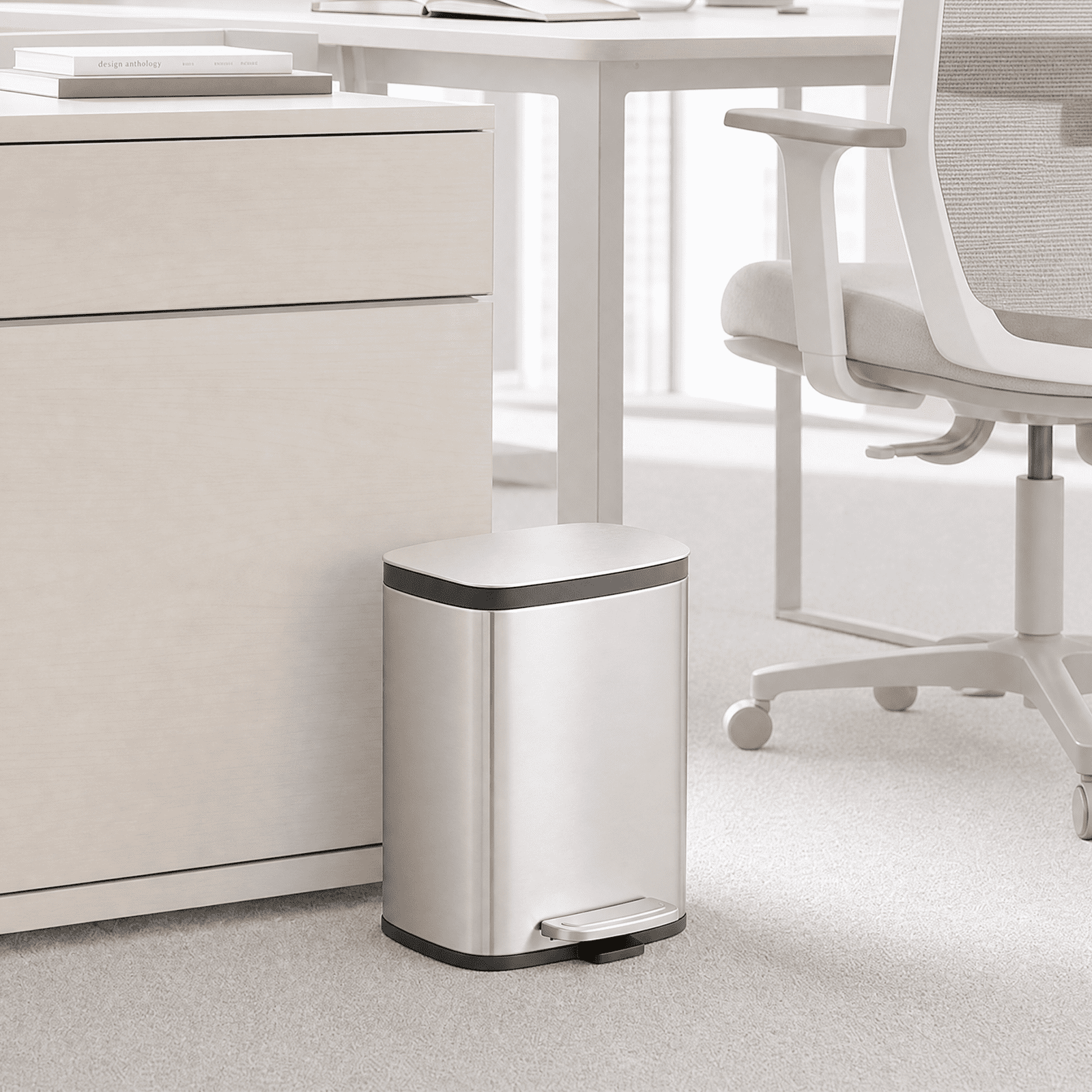 Simplykleen 5L/1.32 Gallon Rectangular Step Trash Can Stainless Steel Garbage Can with Removable Inner Bucket and Side Handle for Bathroom, Bedroom, Office, Silver