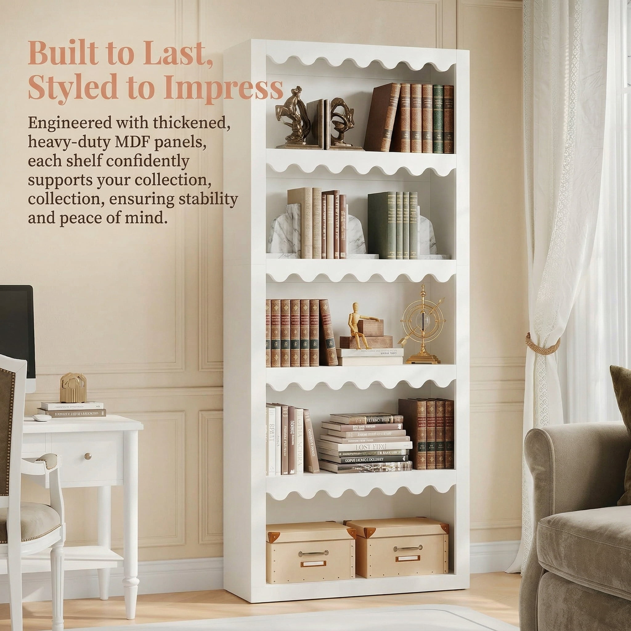 Fnova 5-Tier Open Bookcase, 70" Tall Bookshelf with Scalloped Edges, Modern Display Shelves Storage Organizer for Living Room, Home Office, White