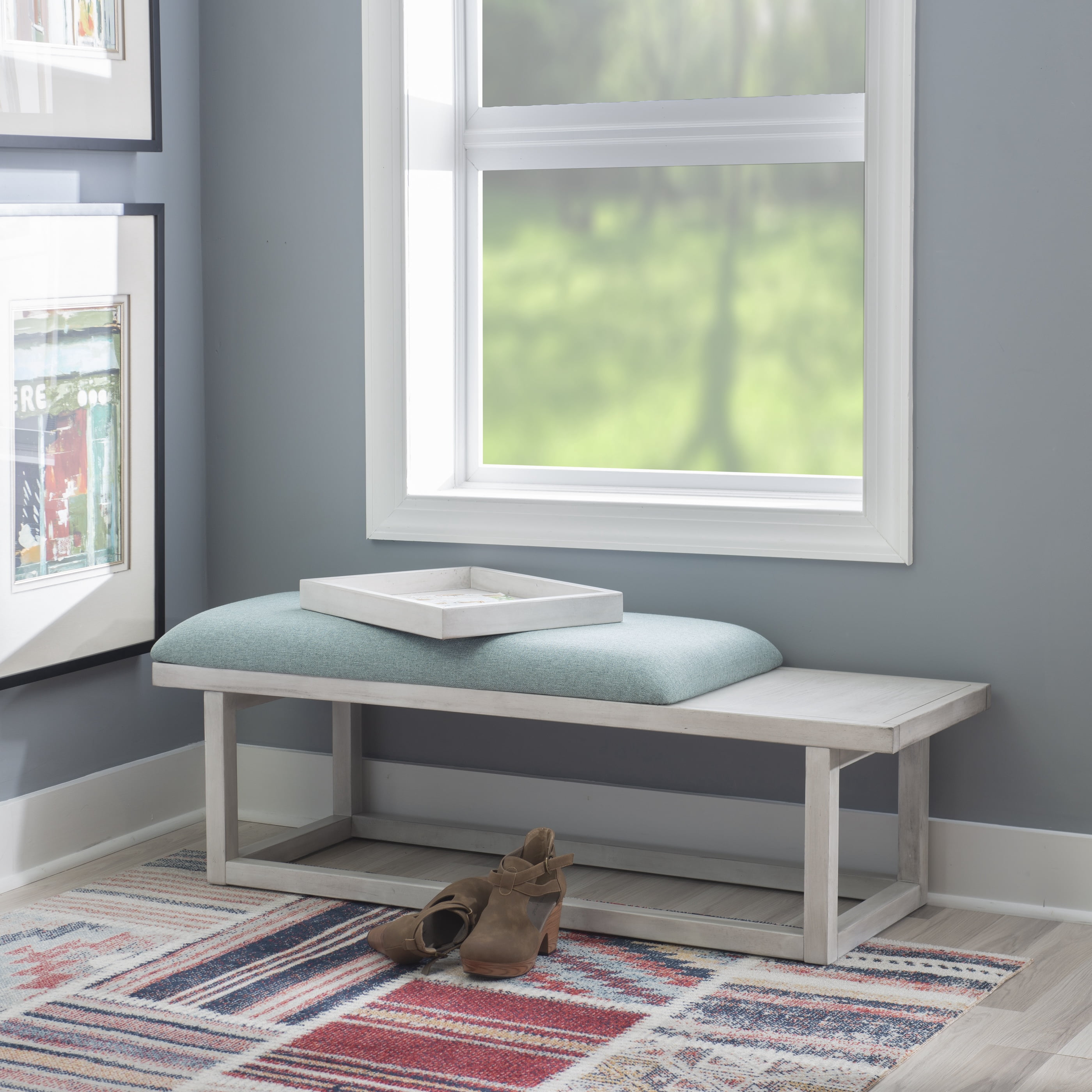 Powell Mickle Upholstered Bench with Built-In Tray, Whitewash/Aqua