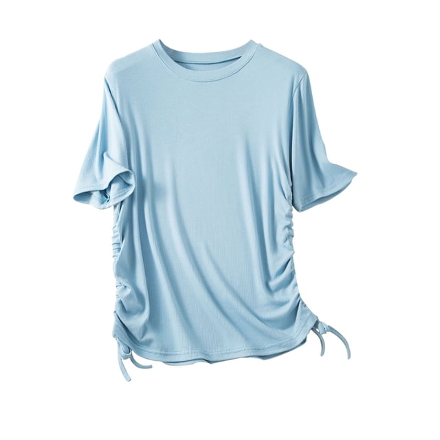 Birdeem Haut Femme Col Rond Uni en Coton Ajusté avec Cordon de Serrage Manches Courtes Col Rond/chemise